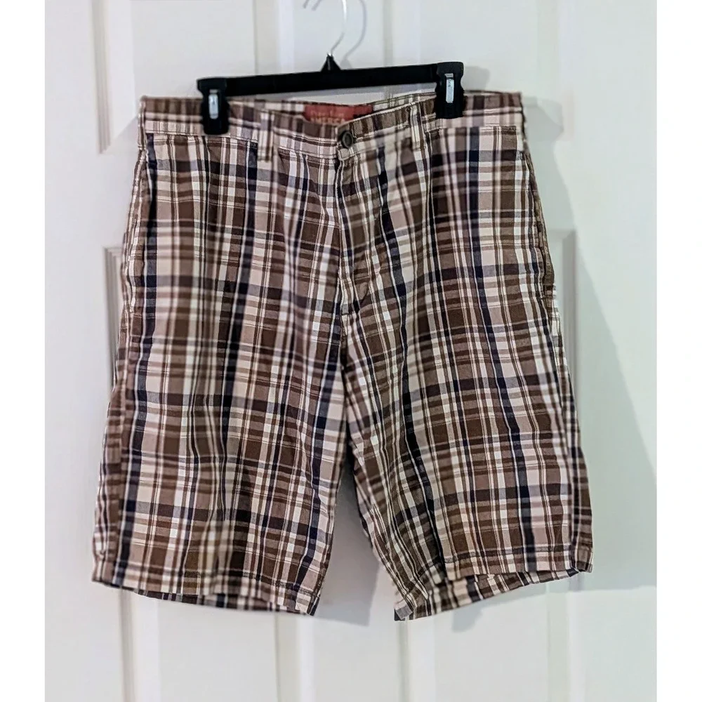 Perry Ellis America Plaid Shorts Casual Comfort Brown‎ Size 36W